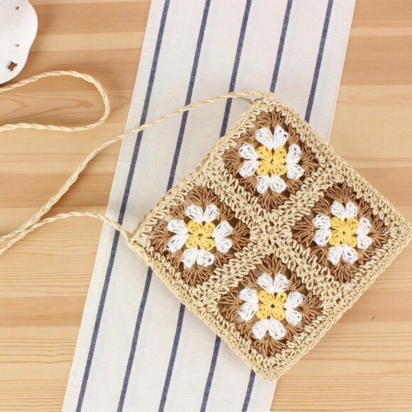 Women Straw Crossbody Bag Beach Purse Handmade Woven Shoulder Bag Boho Crochet P - Picture 3 of 7